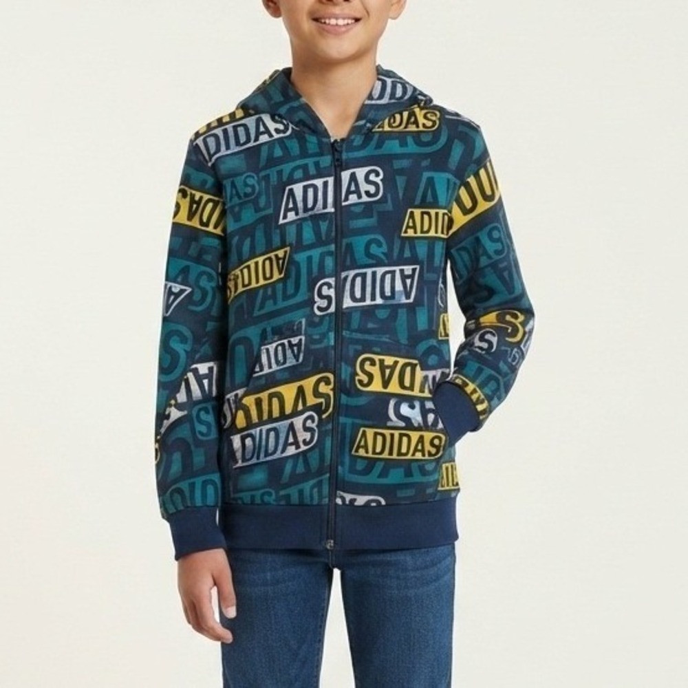 Adidas Boys All Over Print Logo Pullover Hoodie Teal Navy Yellow Sweatshirt